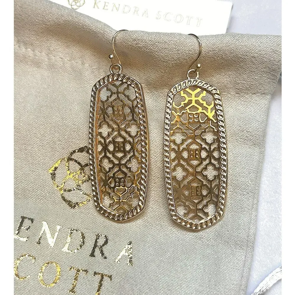 Kendra Scott Elle Drop Earrings 14K Gold Plated Over Brass Filigree Dust Bag New